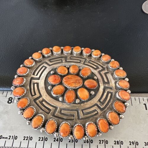 Navajo Orange Spiny Oyster Cluster Concho Belt Buckle | Sterling Silver | Authentic Native American Handmade | 16344