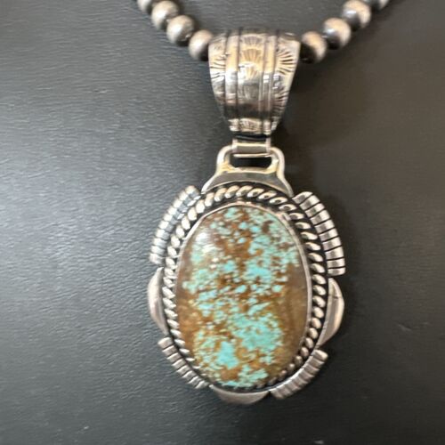 Navajo Blue Turquoise #8 Pendant | Sterling Silver Pearls Necklace | Authentic Native American Handmade | 16348