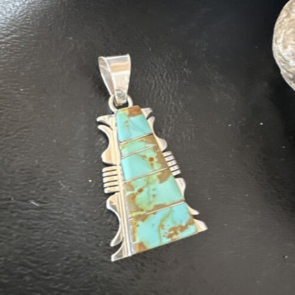 Navajo Blue #8 Turquoise Inlay Pendant | Sterling Silver | 2" | Authentic Native American Handmade | 15682
