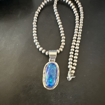Men's Women's Blue Fire Opal Navajo Pendant | Sterling Silver | Authentic Native American Handmade | 16482