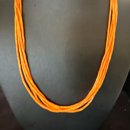 Navajo Orange Coral Tube Heishi Bead Necklace | 5 Strand | Sterling Silver | 20" | 16066