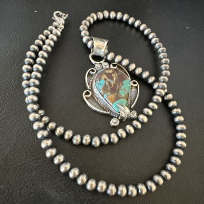 Navajo Blue Turquoise Pendant Necklace | Sterling Silver Pearls | Authentic Native American Handmade | 15649