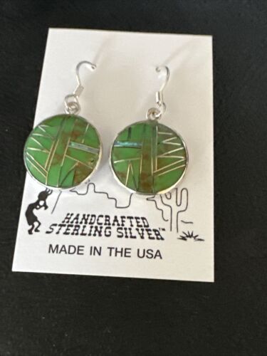 Southwestern Sterling Silver Green Gaspeite Inlay Earrings | 1" | Navajo | 14935