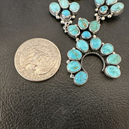 Navajo Blue Kingman Turquoise Squash Blossom Necklace | Sterling Silver | Authentic Native American Handmade | 16829
