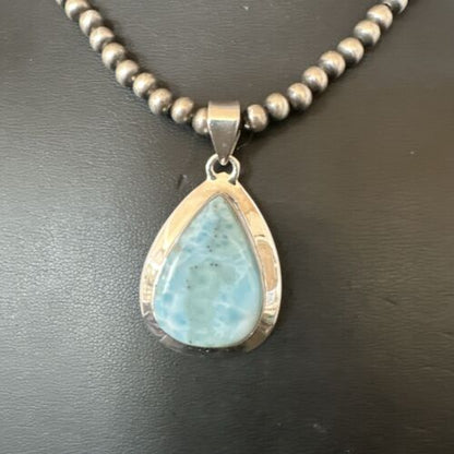 Navajo Blue Larimar Pendant Necklace | Sterling Silver Beads | Authentic Native American Handmade | 17562