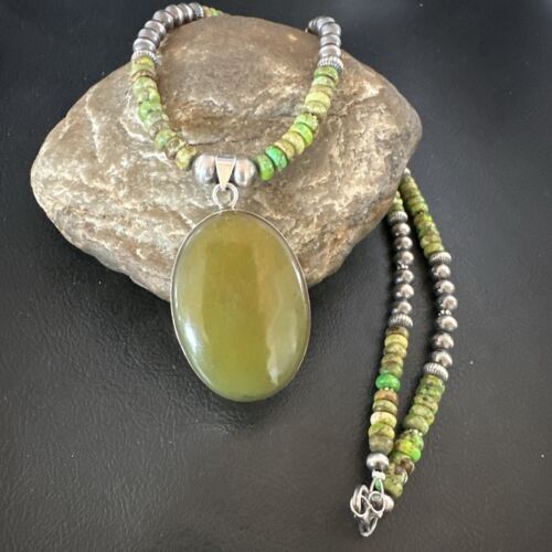 Navajo Green Turquoise Pendant Necklace | Sterling Silver | Authentic Native American Handmade | 16918