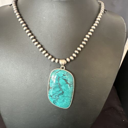 Men's Navajo Blue Spiderweb Turquoise Pendant Necklace | Sterling Silver | Authentic Native American Handmade | 16209
