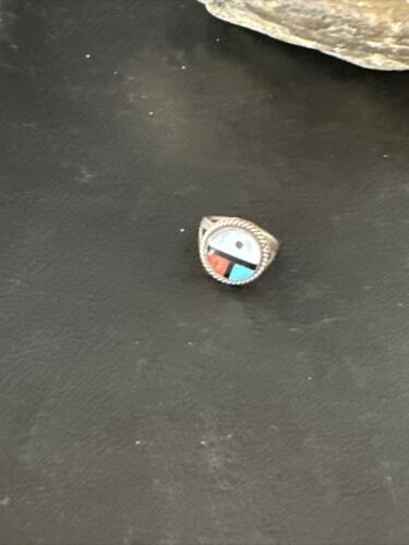 Zuni Pinky Coral Turquoise Onyx Mother of Pearl Inlay Ring | Sz 3 | Sterling Silver | 14918