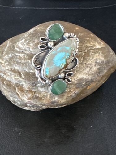 Navajo Green Turquoise Cluster Ring | Authentic Native American Sterling Silver | Multi-Stone | Sz 9 | 14843