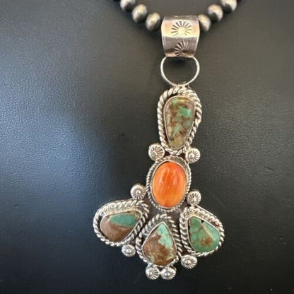Navajo Green Turquoise Spiny Oyster Pendant Necklace | Sterling Silver | 16832