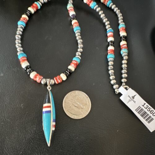 Navajo Turquoise Spiny Oyster Inlay Pendant Necklace | Sterling Silver | Authentic Native American Handmade | 13560