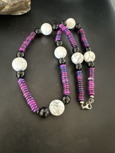 Navajo Purple Sugilite Onyx Howlite Bead Necklace | Sterling Silver | 25" | Authentic Native American Handmade | 16948