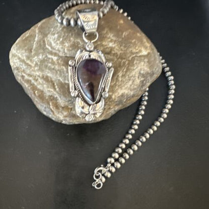 Navajo Purple Sugilite Pendant with Pearls | Sterling Silver Bead Necklace | Authentic Native American Handmade | 15413