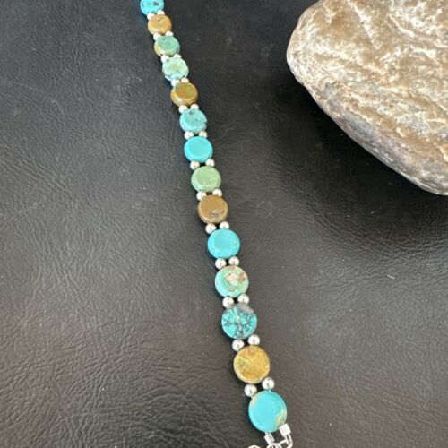 Southwestern Blue Turquoise Bead Link Bracelet | Sterling Silver | 8" | 17234