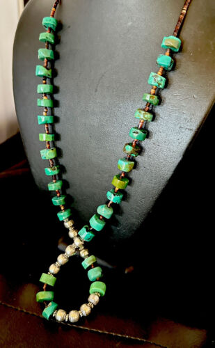 Navajo Blue Green Turquoise Heishi Bead Necklace | Sterling Silver | 24" | 16283