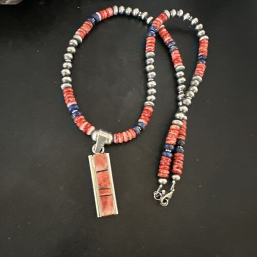 Navajo Pearls Sterling Silver Necklace | Lapis & Red Spiny Oyster Pendant | 17051