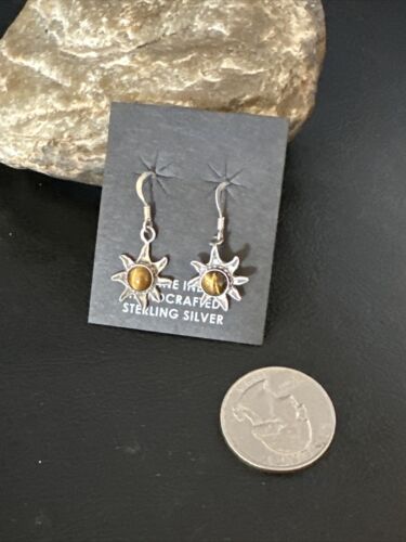 Navajo Coffee Tiger's Eye Dangle Earrings | Sterling Silver | Authentic Native American Handmade | 14919