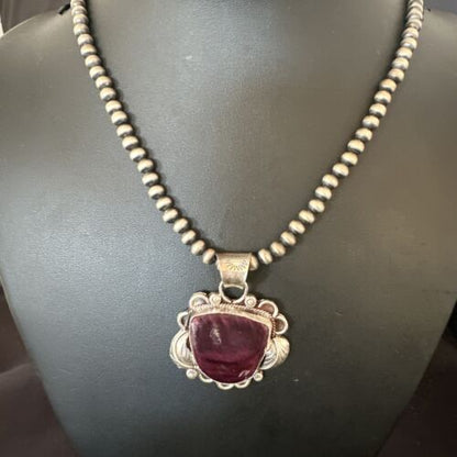 Navajo Men's Purple Spiny Oyster Pendant Necklace | Sterling Silver | Authentic Native American Handmade | 15625