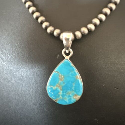Navajo Blue Kingman Turquoise Pendant Necklace | Sterling Silver | 20" | Authentic Native American Handmade | 17012