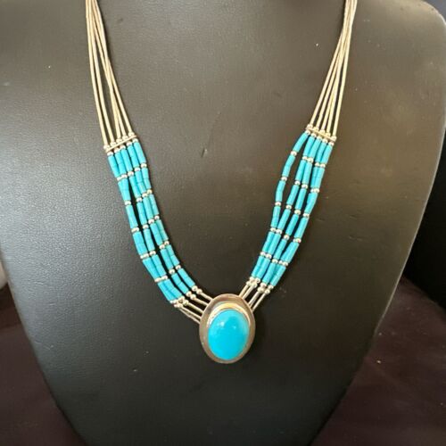 Navajo Green Turquoise Pendant Heishi Necklace| 5-Strand Sterling Silver | 18" | Authentic Native American Handmade | 17177
