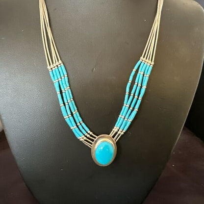 Navajo Green Turquoise Pendant Heishi Necklace| 5-Strand Sterling Silver | 18" | Authentic Native American Handmade | 17177
