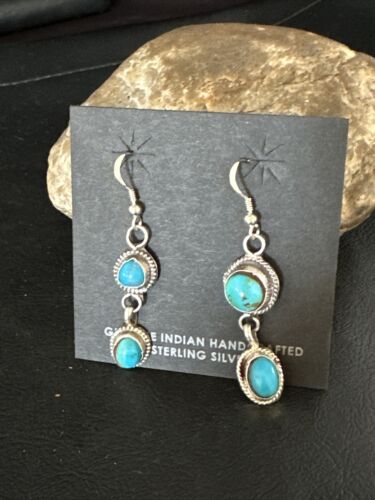 Kingman Turquoise Dangle Earrings | Navajo Sterling Silver | Authentic Native American Handmade | 14871