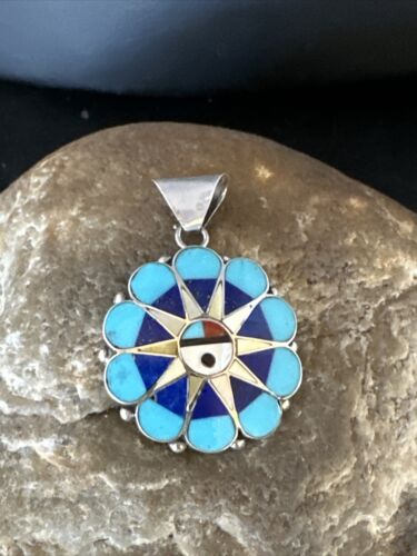 Zuni Sun Face Pendant | Turquoise, Mother of Pearl, Onyx Inlay | Sterling Silver | Native American Handmade | 15179