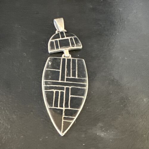 Navajo Sterling Silver Pendant with Black Onyx Inlay | Authentic Native American Handmade | 3" | 15174