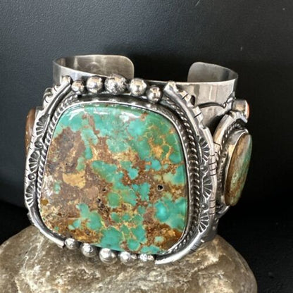 Navajo Green Royston Turquoise Spiny Oyster Cuff Bracelet | Sterling Silver | Authentic Native American Handmade | 15364
