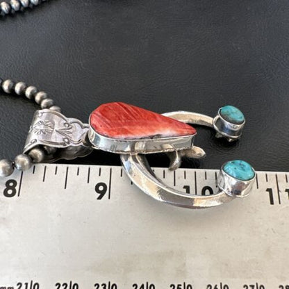 Navajo Blue Turquoise Red Spiny Oyster Naja Pendant | Sterling Silver | Authentic Native American Handmade | 16409