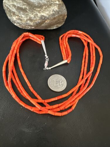 Orange Coral Tube Heishi Bead Necklace | 5 Strand Navajo Sterling Silver | 18" | 15280