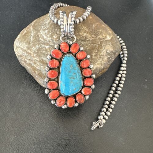 Navajo Turquoise Spiny Oyster Cluster Pendant Necklace | Sterling Silver | Native American Handmade | 17152