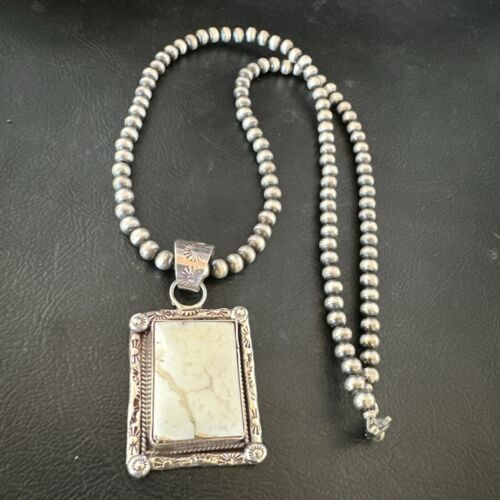 Navajo White Buffalo Turquoise Pendant | Sterling Silver Pearls Necklace | Authentic Native American Handmade | 17101