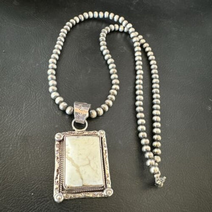 Navajo White Buffalo Turquoise Pendant | Sterling Silver Pearls Necklace | Authentic Native American Handmade | 17101