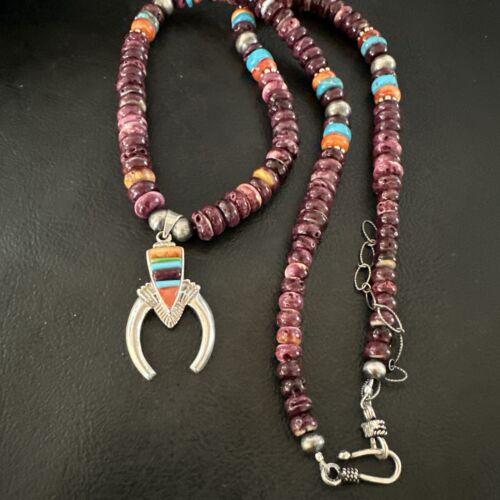 Navajo Purple Spiny Oyster Turquoise Naja Pendant Necklace | Sterling Silver | Authentic Native American Handmade | 16809