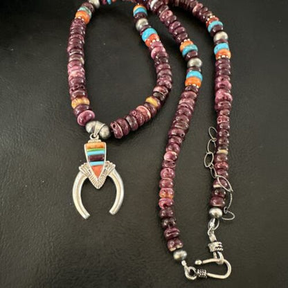 Navajo Purple Spiny Oyster Turquoise Naja Pendant Necklace | Sterling Silver | Authentic Native American Handmade | 16809