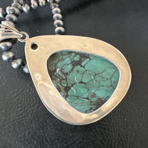 Men's Navajo Blue Spiderweb Turquoise Pendant Necklace | Sterling Silver | Authentic Native American Handmade | 16202