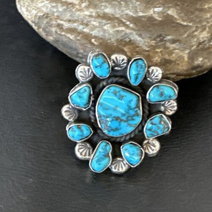 Navajo Kingman Turquoise Cluster Ring | Authentic Native American Sterling Silver | Multi-Stone | Sz 9.5 | 17422