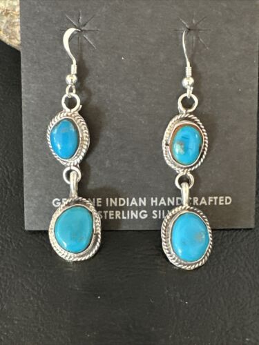 Kingman Turquoise Dangle Earrings | Navajo Handmade | Sterling Silver | Authentic Native American | 14864
