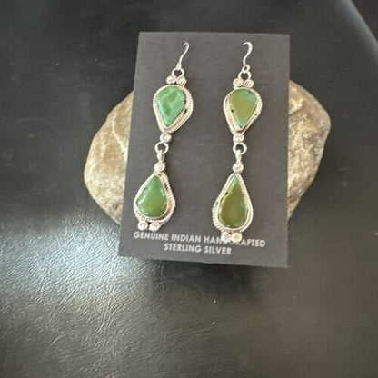Navajo Green Royston Turquoise Dangle Earrings | Sterling Silver | Authentic Native American Handmade | 17142