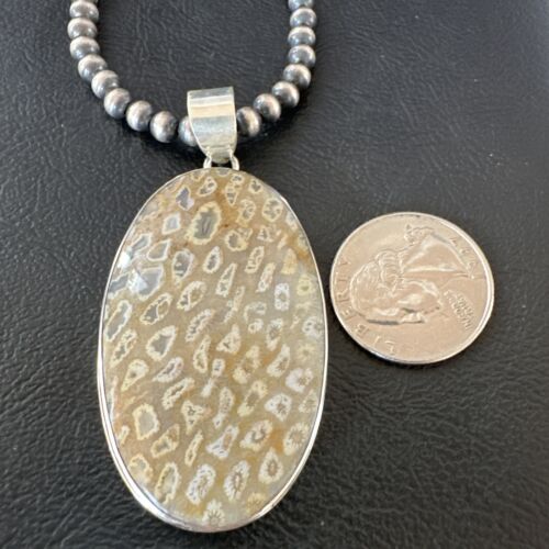Navajo Champagne Fossil Coral Pendant Necklace | Sterling Silver Beads | Native American Handmade | 16371