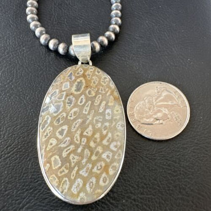 Navajo Champagne Fossil Coral Pendant Necklace | Sterling Silver Beads | Native American Handmade | 16371