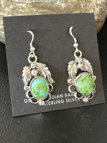 Navajo Green Sonoran Gold Turquoise Dangle Earrings | Sterling Silver | Authentic Native American Handmade | 14915