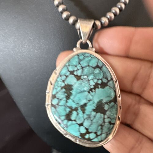 Men's Navajo Blue Spiderweb Turquoise Pendant Necklace | Sterling Silver | Authentic Native American Handmade | 16198