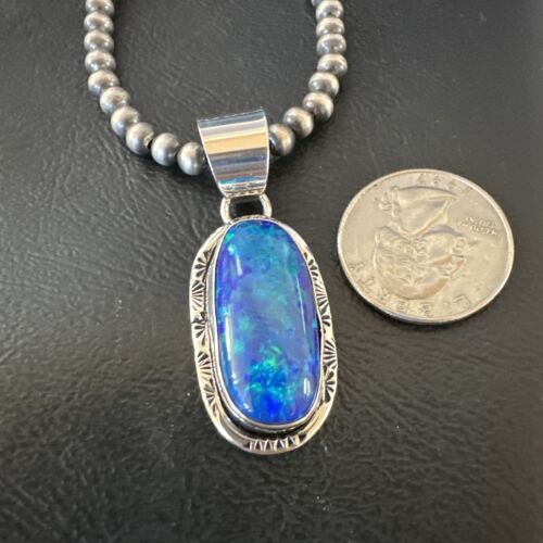 Men's Women's Blue Fire Opal Navajo Pendant | Sterling Silver | Authentic Native American Handmade | 16482