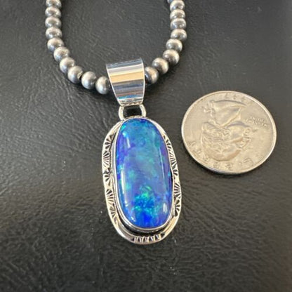 Men's Women's Blue Fire Opal Navajo Pendant | Sterling Silver | Authentic Native American Handmade | 16482