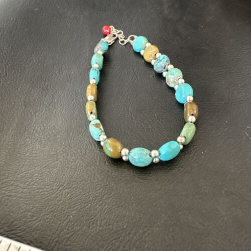 Southwestern Blue Turquoise Bead Link Bracelet | Sterling Silver | 8" | 17234