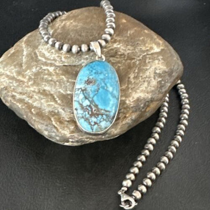 Navajo Blue Spiderweb Turquoise Pendant Necklace | Sterling Silver | Authentic Native American Handmade | 17023