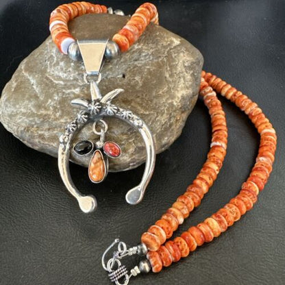 Navajo Red Spiny Oyster Naja Pendant Necklace | Sterling Silver | 23" | Authentic Native American Handmade | 17660