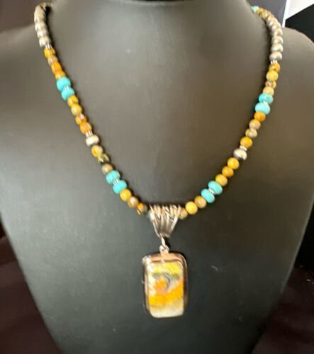 Men's BumbleBee Jasper Pendant Necklace | Navajo Pearls | Sterling Silver | Authentic Native American Handmade | 16882